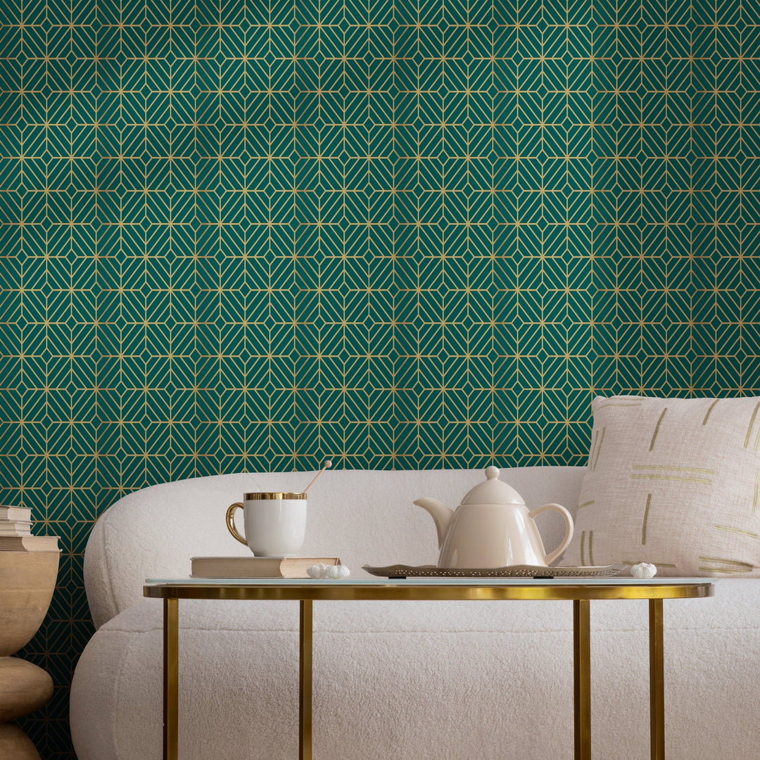 Art Deco Wallpaper with Bold Geometric Lines in Green and Yellow - B496