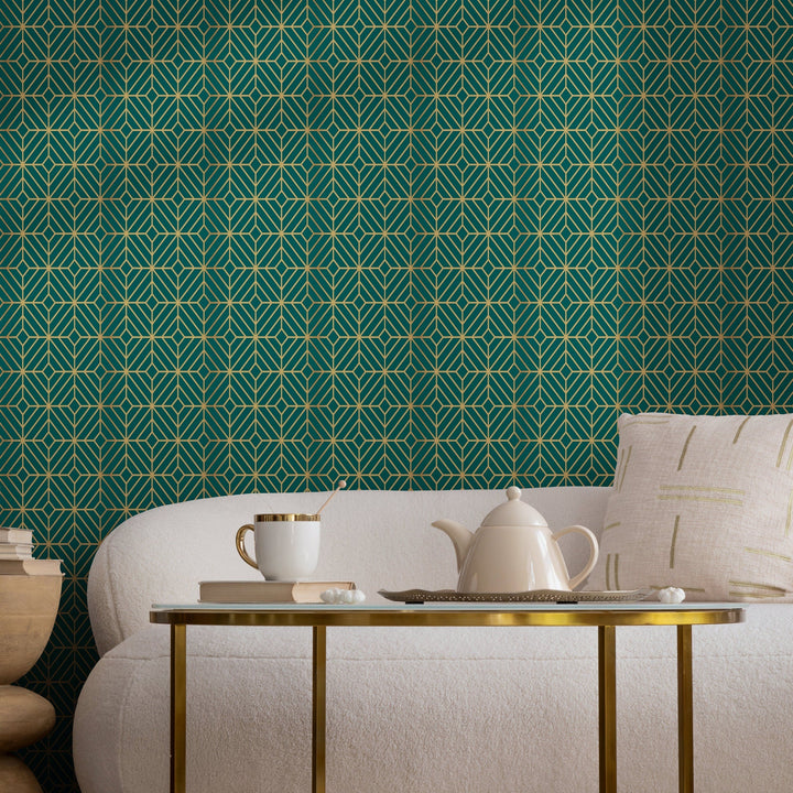 Art Deco Wallpaper with Bold Geometric Lines in Green and Yellow - B496