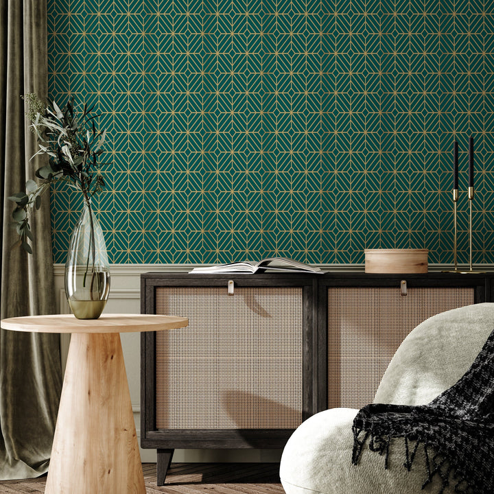 Art Deco Wallpaper with Bold Geometric Lines in Green and Yellow - B496