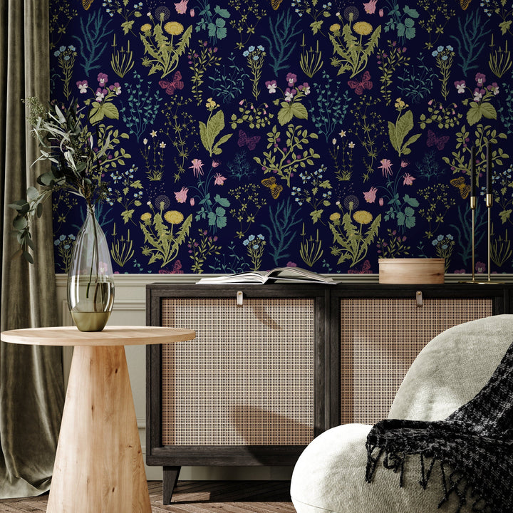 Botanical Wallpaper with Wildflowers and Butterflies in Navy Blue, Yellow, and Pink - B506