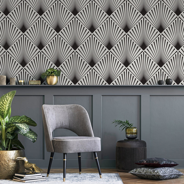 Art Deco Wallpaper with a Radiating Fan Motif in Black and Gray - B078