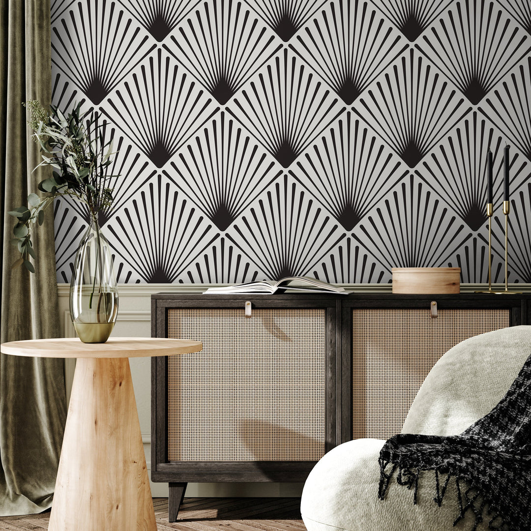 Art Deco Wallpaper with a Radiating Fan Motif in Black and Gray - B078