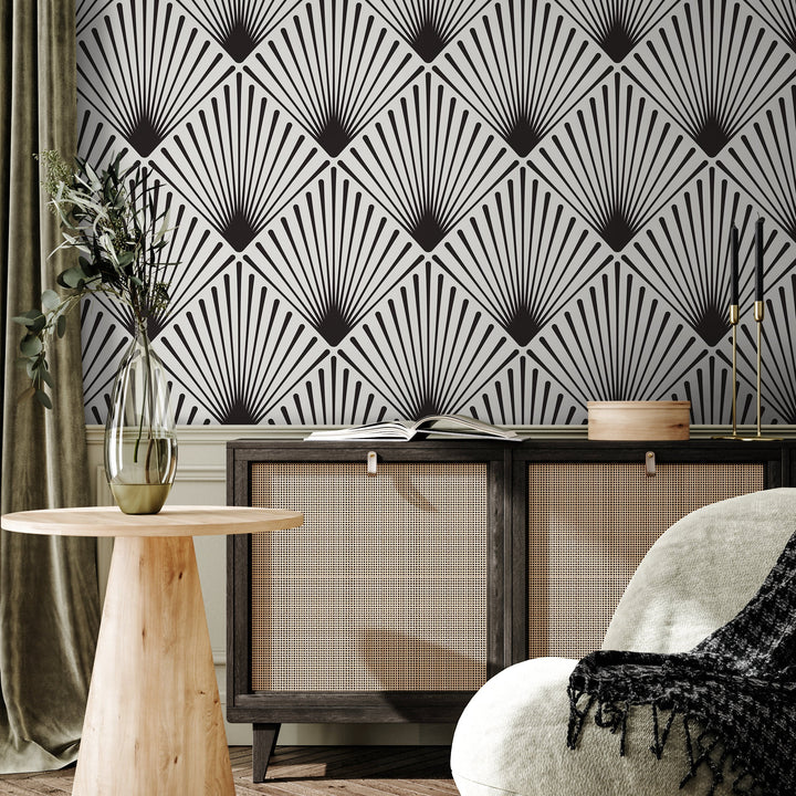 Art Deco Wallpaper with a Radiating Fan Motif in Black and Gray - B078