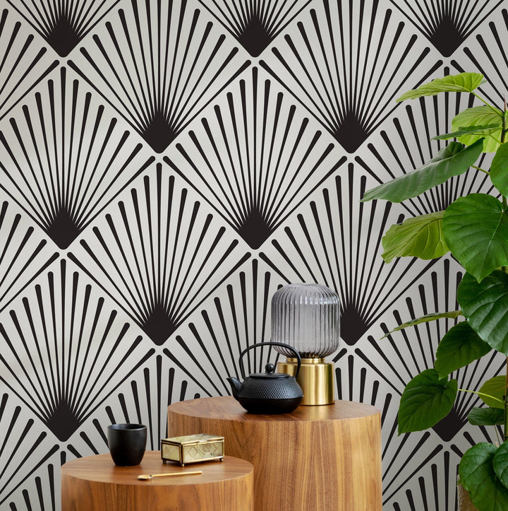 Art Deco Wallpaper with a Radiating Fan Motif in Black and Gray - B078