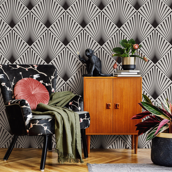 Art Deco Wallpaper with a Radiating Fan Motif in Black and Gray - B078