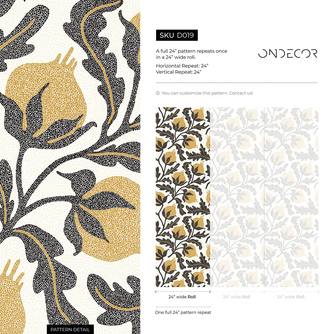 Vintage Wallpaper with a Stippled Pomegranate Motif in Yellow and Charcoal - D019