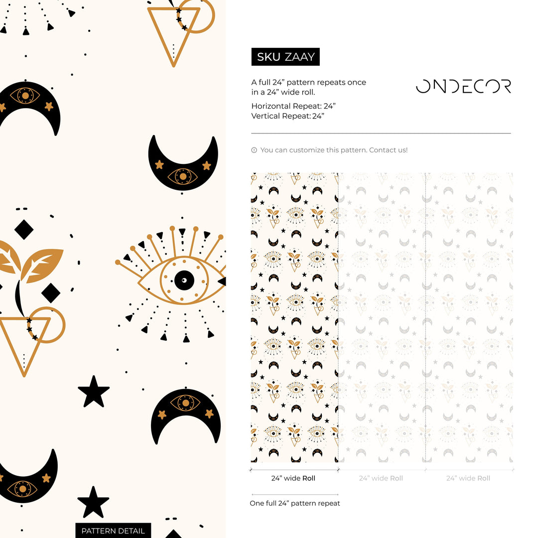 Mystical Wallpaper with Celestial Moons and All-Seeing Eyes in Black and Gold - ZAAY