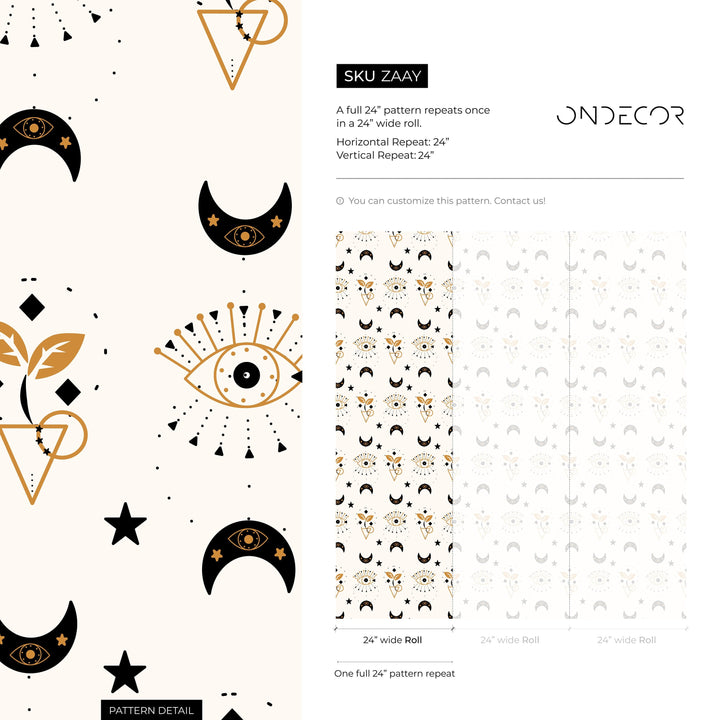 Mystical Wallpaper with Celestial Moons and All-Seeing Eyes in Black and Gold - ZAAY