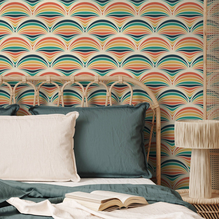 Retro Wallpaper with a Geometric Scallop Motif in Orange, Teal, and Yellow - B425