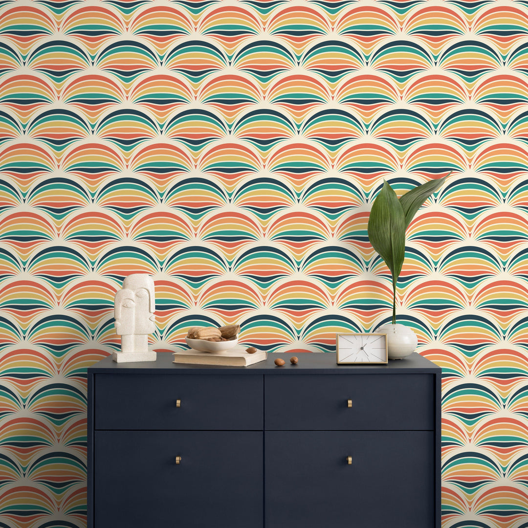 Retro Wallpaper with a Geometric Scallop Motif in Orange, Teal, and Yellow - B425
