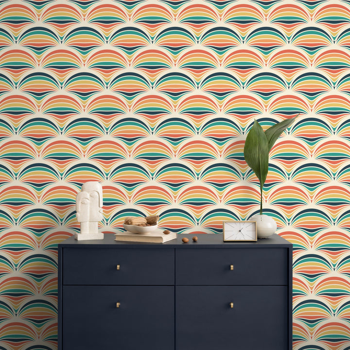 Retro Wallpaper with a Geometric Scallop Motif in Orange, Teal, and Yellow - B425