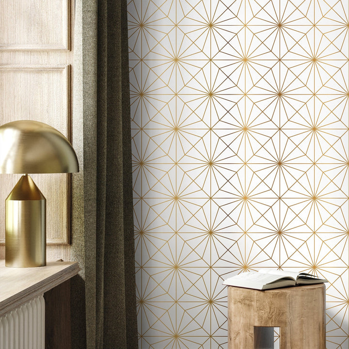 Art Deco Wallpaper with a Geometric Starburst Motif in Gold - B826