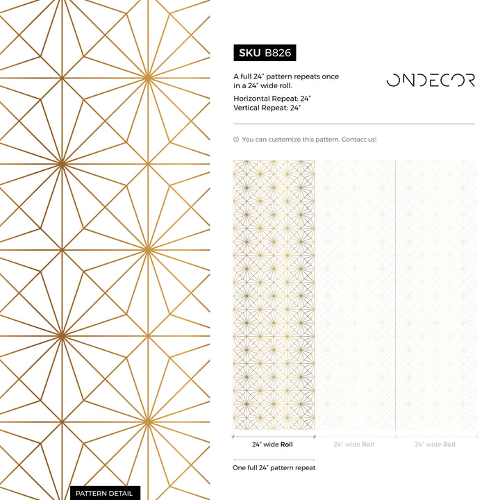 Art Deco Wallpaper with a Geometric Starburst Motif in Gold - B826