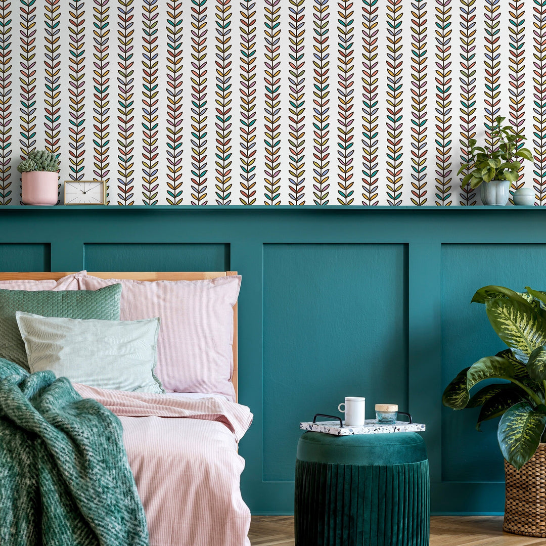 Botanical Wallpaper with a Stylized Vine Motif in Red, Yellow, and Teal - B844
