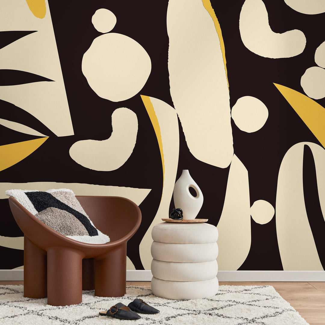 Abstract Wallpaper with Bold Organic Shapes in Black, Cream, and Yellow - B851
