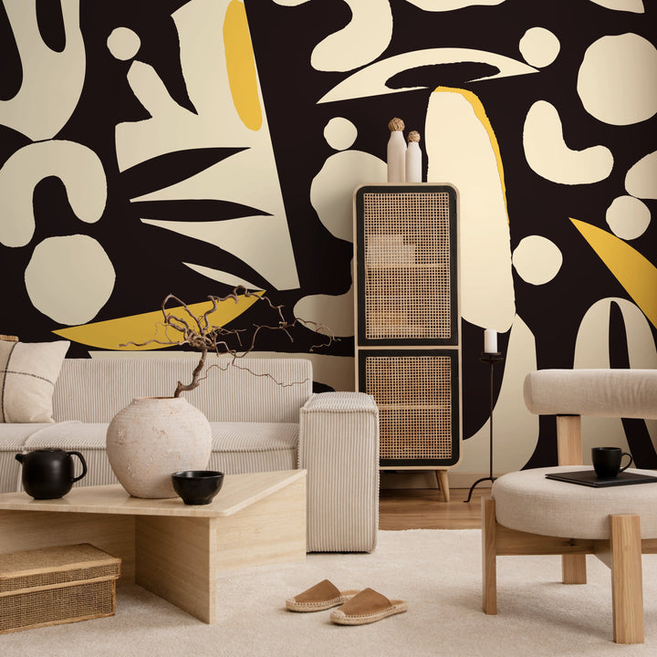 Abstract Wallpaper with Bold Organic Shapes in Black, Cream, and Yellow - B851