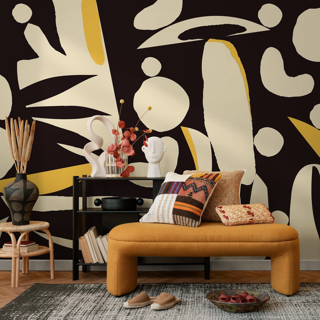 Abstract Wallpaper with Bold Organic Shapes in Black, Cream, and Yellow - B851
