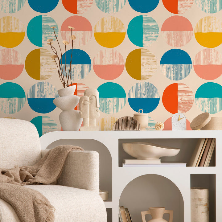Geometric Wallpaper with Textured Half-Circles in Teal, Yellow, and Pink - B889