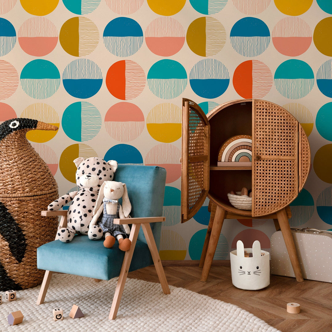 Geometric Wallpaper with Textured Half-Circles in Teal, Yellow, and Pink - B889