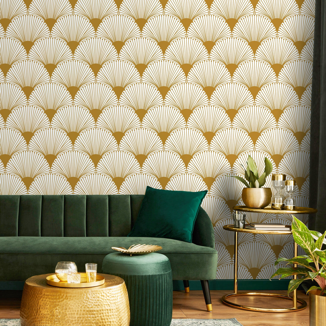 Art Deco Wallpaper with a Geometric Fan Motif in Gold - B937