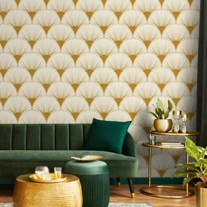 Art Deco Wallpaper with a Geometric Fan Motif in Gold - B937