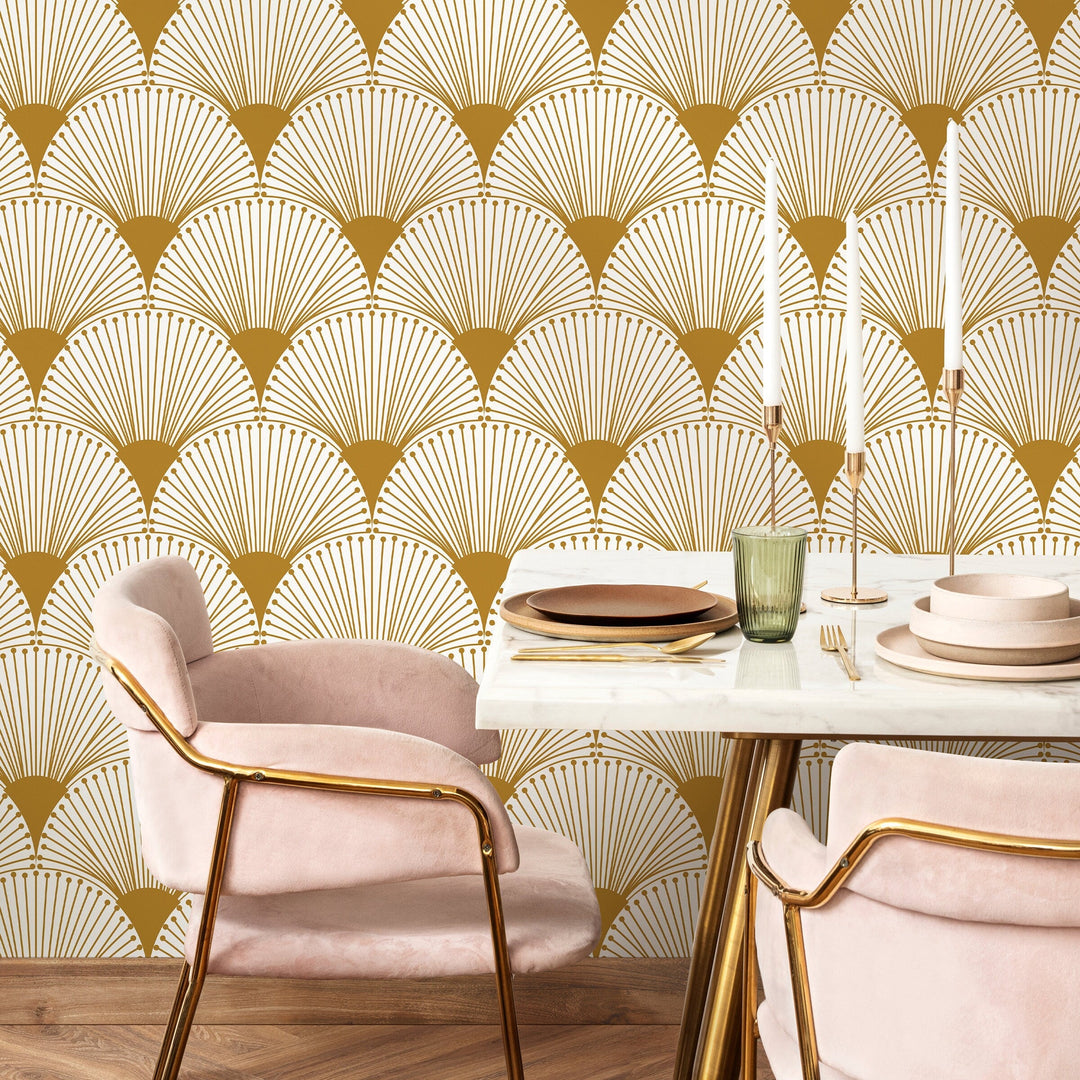 Art Deco Wallpaper with a Geometric Fan Motif in Gold - B937