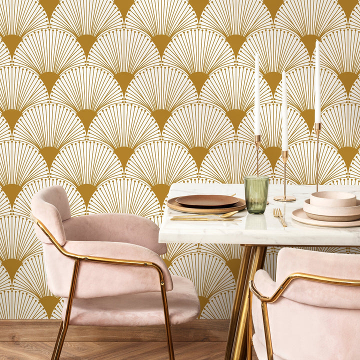 Art Deco Wallpaper with a Geometric Fan Motif in Gold - B937