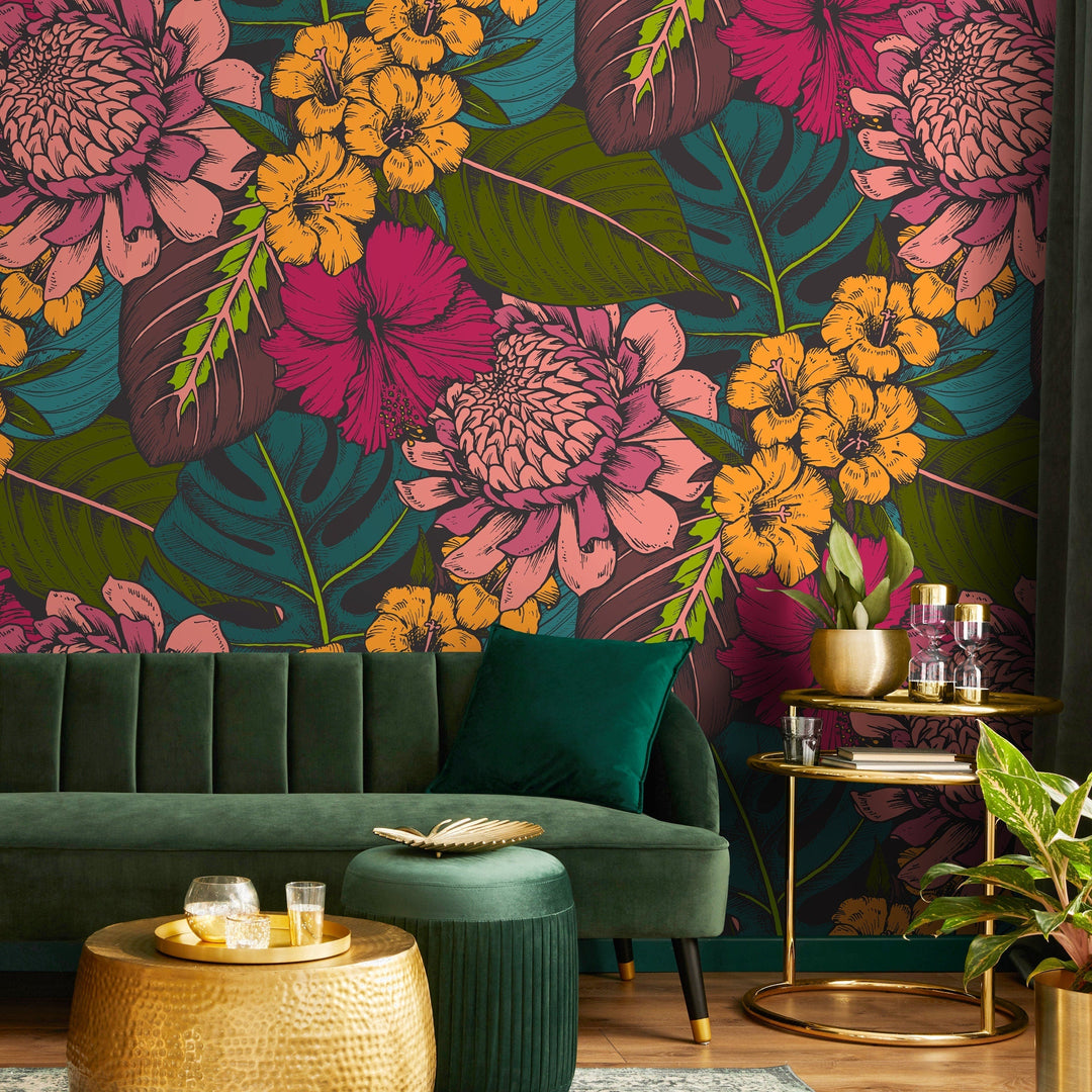 Botanical Wallpaper with Tropical Flowers and Leaves in Pink, Orange, and Teal - B391