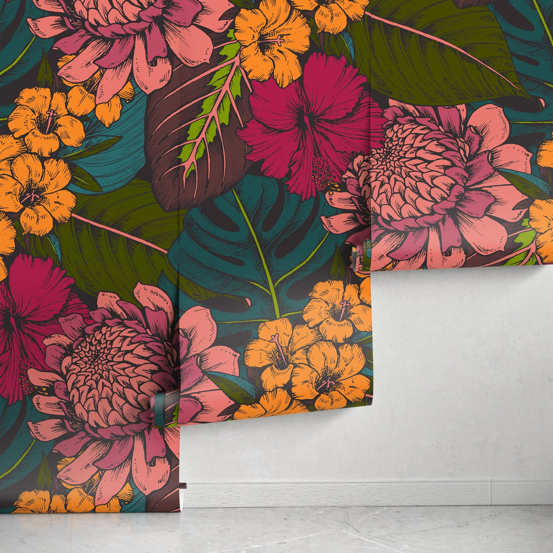 Botanical Wallpaper with Tropical Flowers and Leaves in Pink, Orange, and Teal - B391