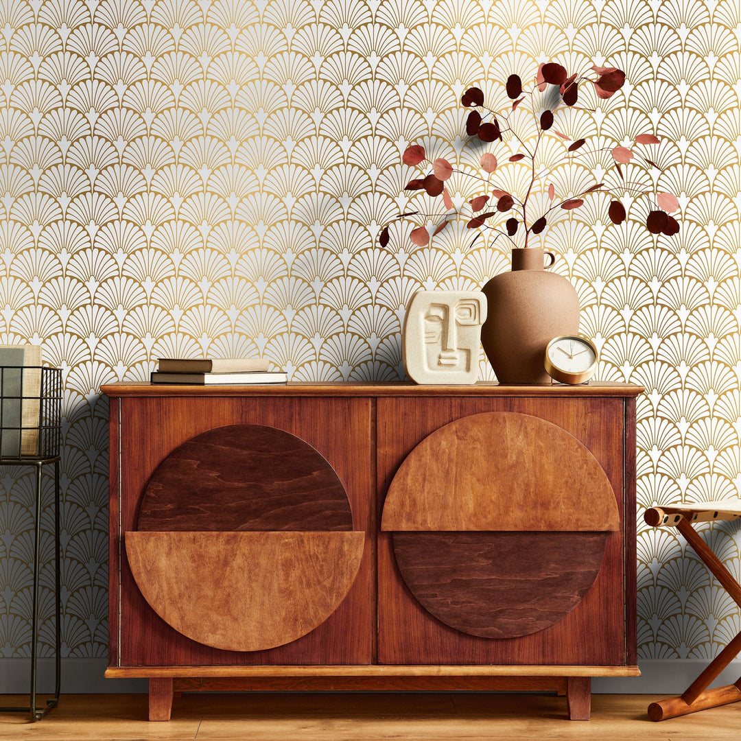 Art Deco Wallpaper with a Geometric Fan Pattern in Gold and White - A931