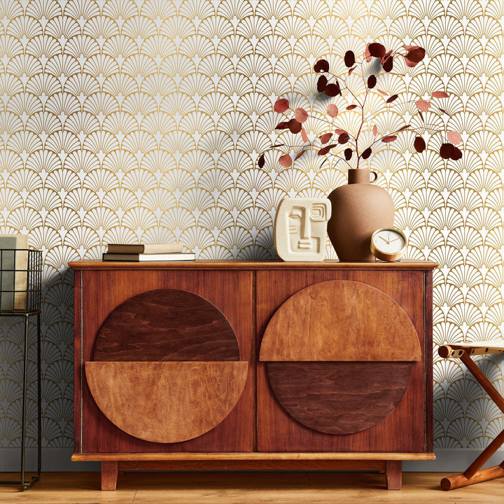 Art Deco Wallpaper with a Geometric Fan Pattern in Gold and White - A931
