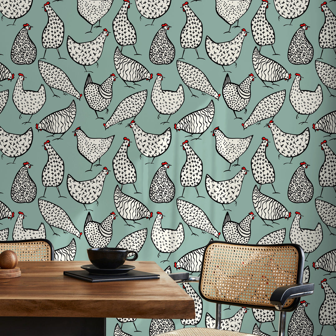 Animal Wallpaper Featuring Stylized Chickens in Sage Green, Black, and Red - B330