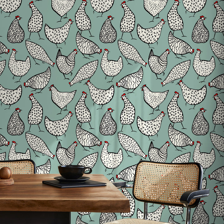Animal Wallpaper Featuring Stylized Chickens in Sage Green, Black, and Red - B330