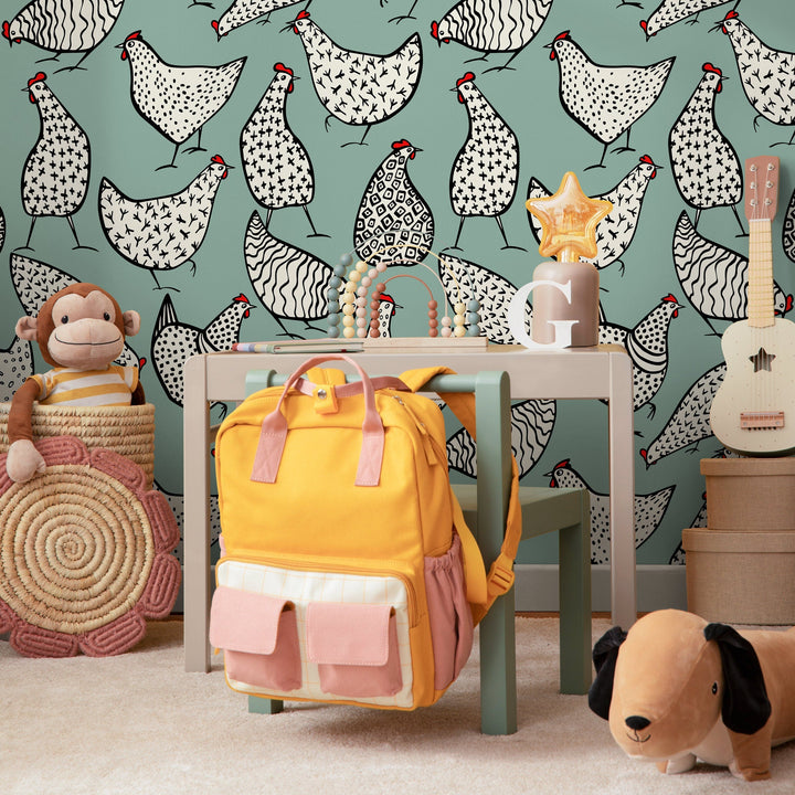 Animal Wallpaper Featuring Stylized Chickens in Sage Green, Black, and Red - B330