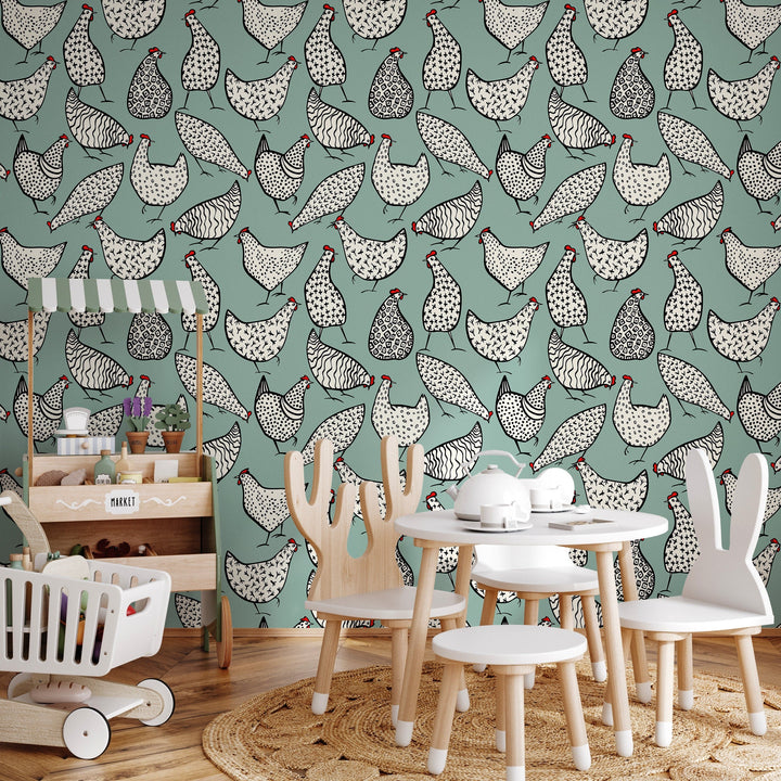 Animal Wallpaper Featuring Stylized Chickens in Sage Green, Black, and Red - B330