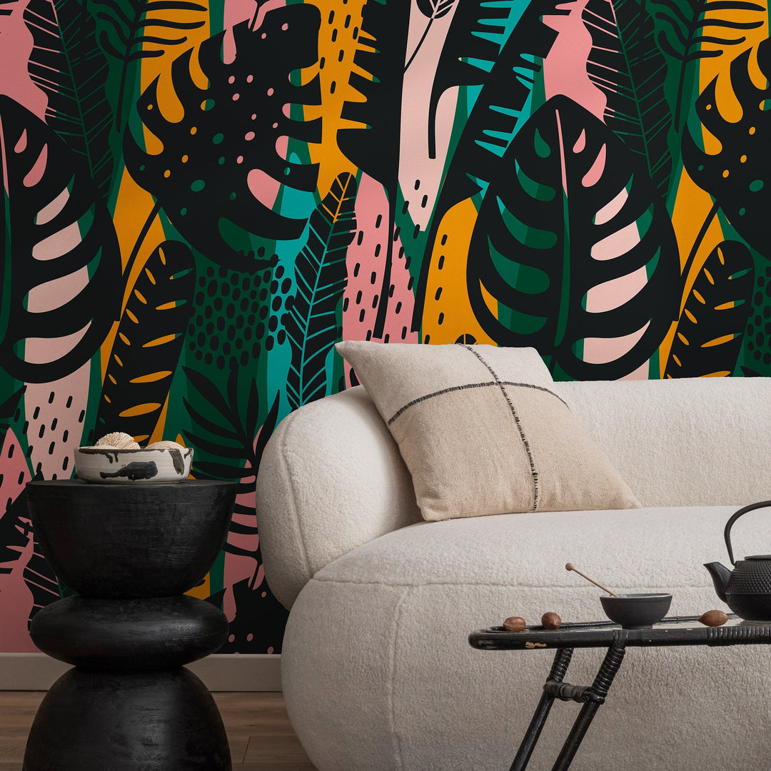Botanical Wallpaper with an Abstract Jungle Leaf Motif in Black, Green, and Yellow - B177