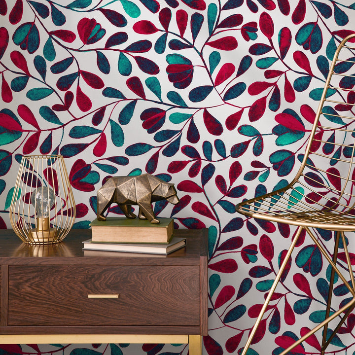 Botanical Wallpaper with Stylized Vines in Red, Teal, and Navy Blue - B430