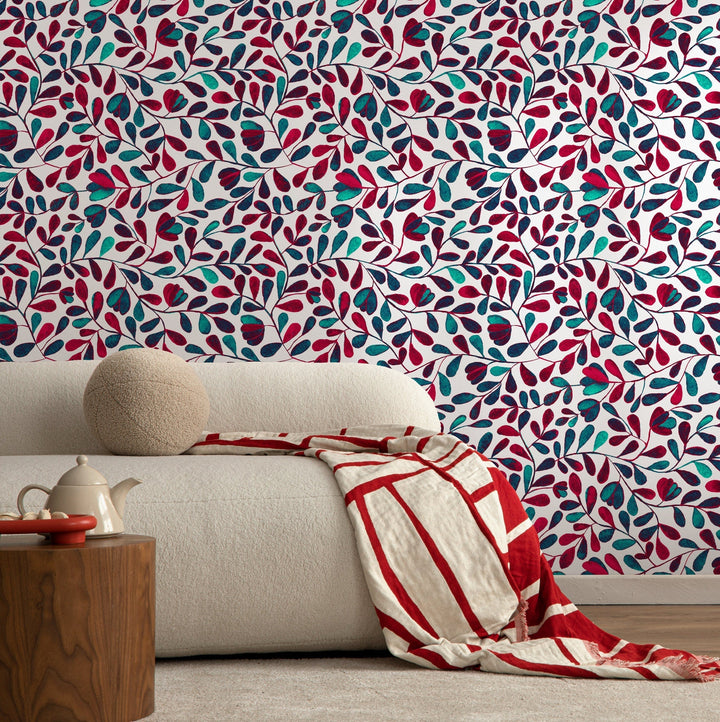 Botanical Wallpaper with Stylized Vines in Red, Teal, and Navy Blue - B430