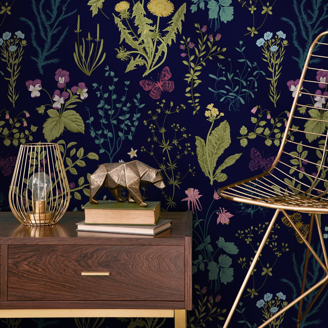 Botanical Wallpaper with Wildflowers and Butterflies in Navy Blue, Yellow, and Pink - B506