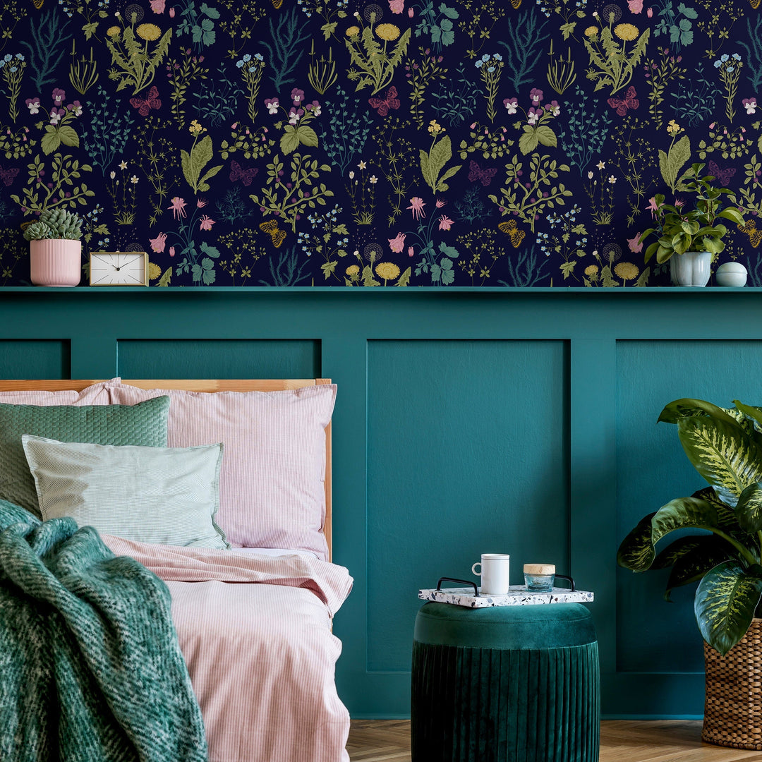 Botanical Wallpaper with Wildflowers and Butterflies in Navy Blue, Yellow, and Pink - B506