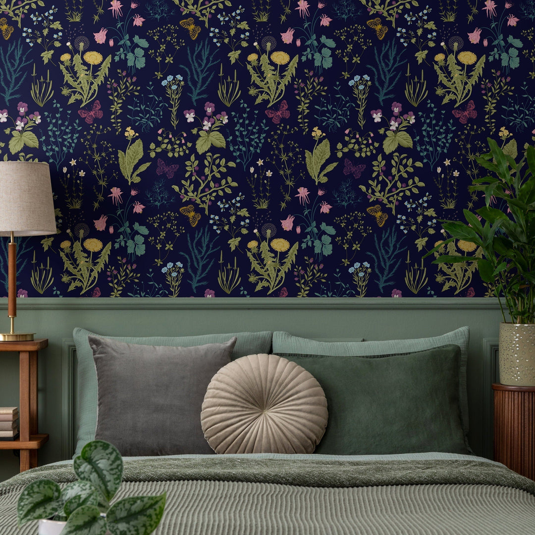 Botanical Wallpaper with Wildflowers and Butterflies in Navy Blue, Yellow, and Pink - B506