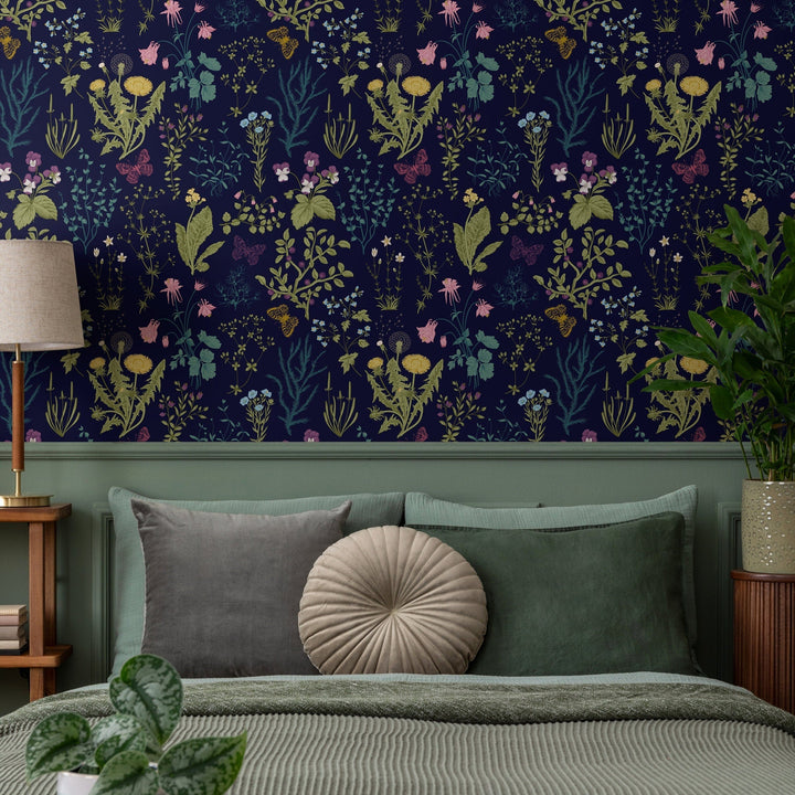 Botanical Wallpaper with Wildflowers and Butterflies in Navy Blue, Yellow, and Pink - B506