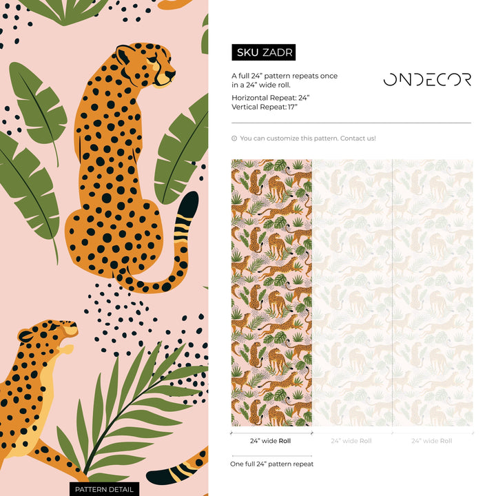 Animal Wallpaper with Cheetahs and Tropical Leaves in Pink, Green, and Orange - ZADR