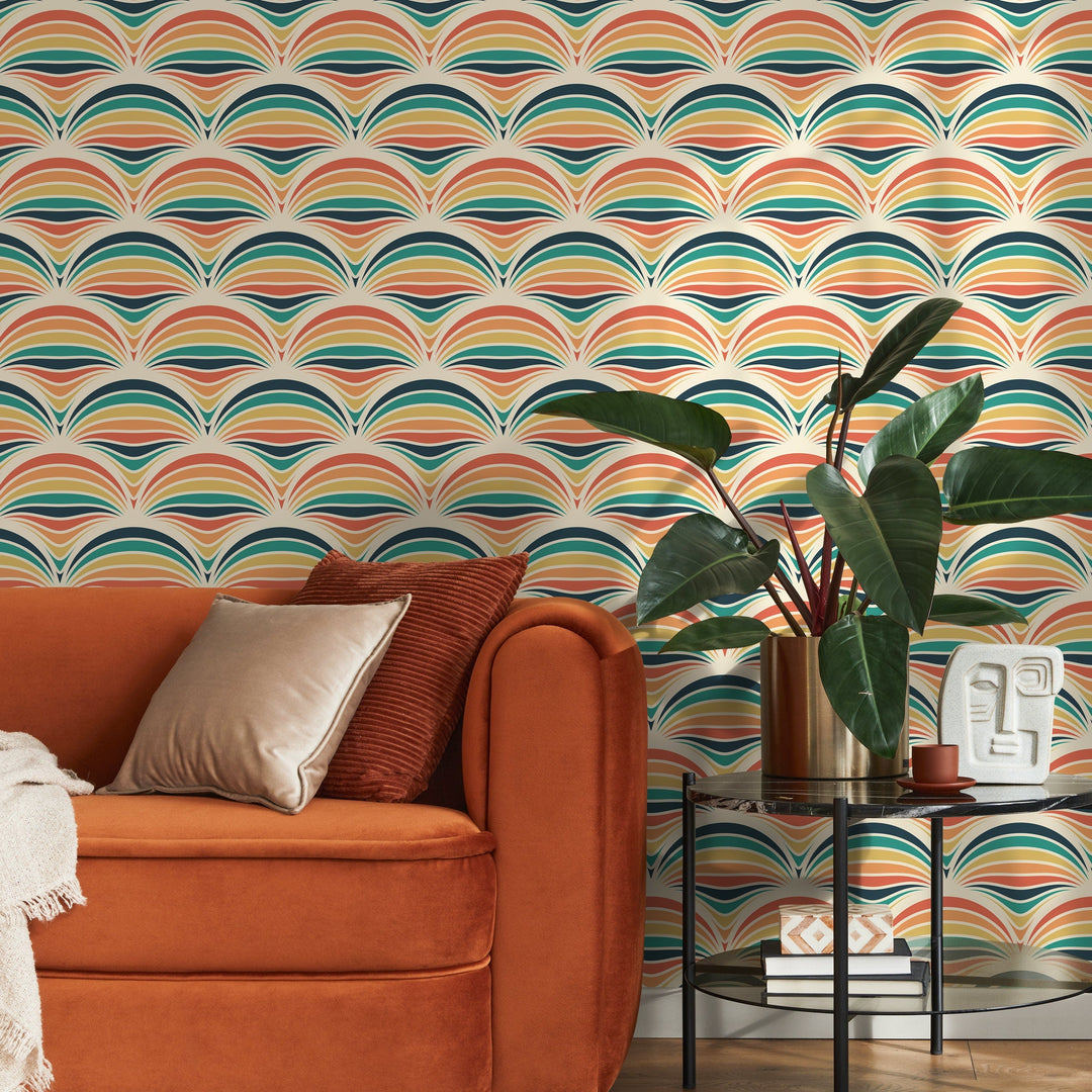 Retro Wallpaper with a Geometric Scallop Motif in Orange, Teal, and Yellow - B425
