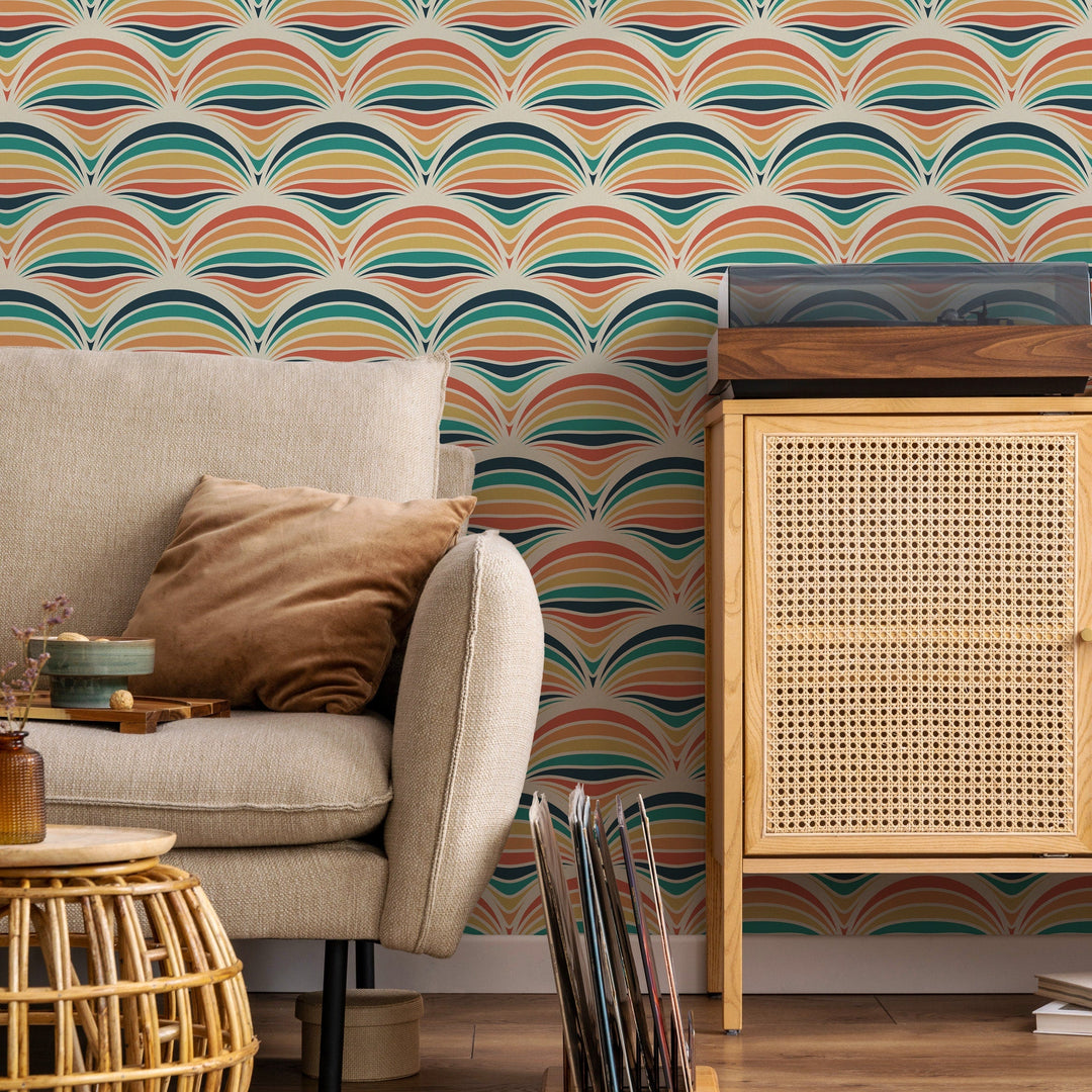 Retro Wallpaper with a Geometric Scallop Motif in Orange, Teal, and Yellow - B425