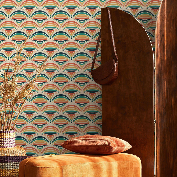 Retro Wallpaper with a Geometric Scallop Motif in Orange, Teal, and Yellow - B425