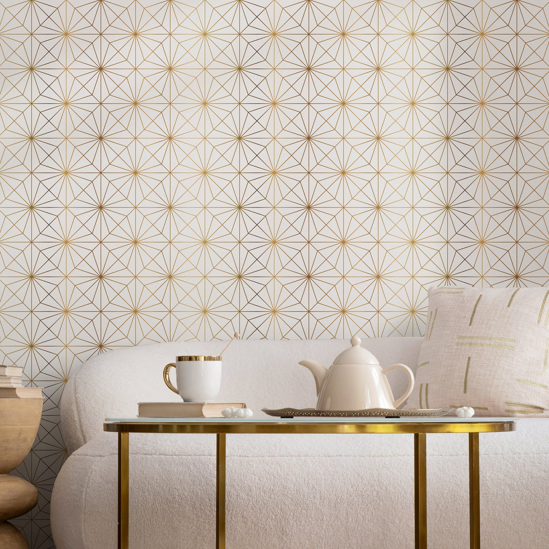 Art Deco Wallpaper with a Geometric Starburst Motif in Gold - B826