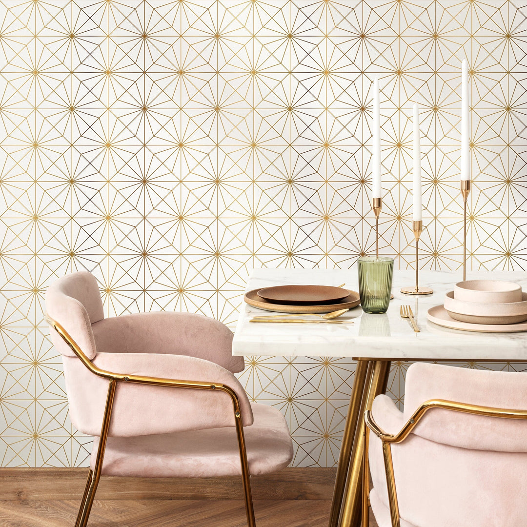 Art Deco Wallpaper with a Geometric Starburst Motif in Gold - B826