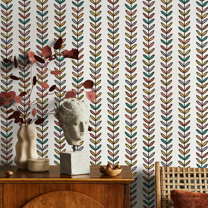 Botanical Wallpaper with a Stylized Vine Motif in Red, Yellow, and Teal - B844