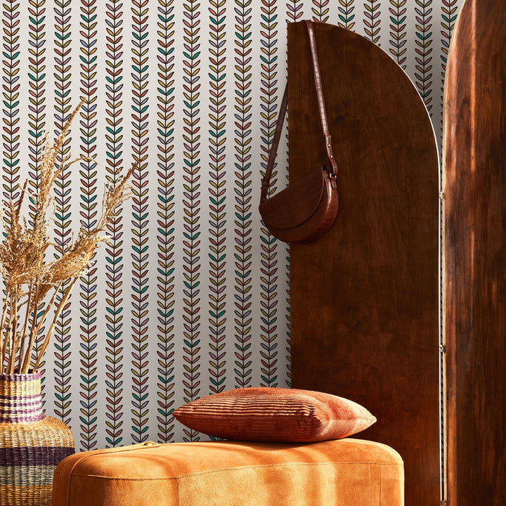 Botanical Wallpaper with a Stylized Vine Motif in Red, Yellow, and Teal - B844